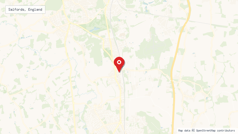 Street map of Salfords, England with location pin