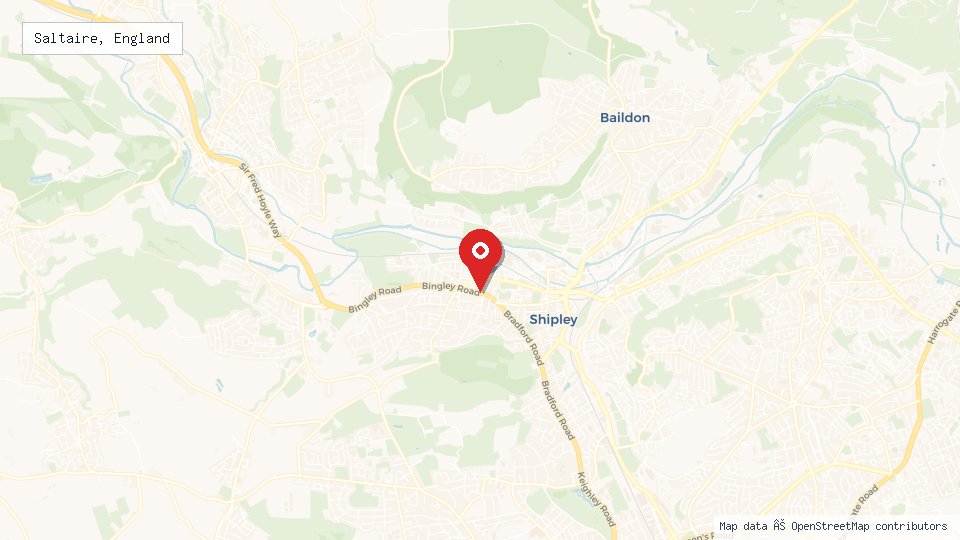 Street map of Saltaire, England with location pin