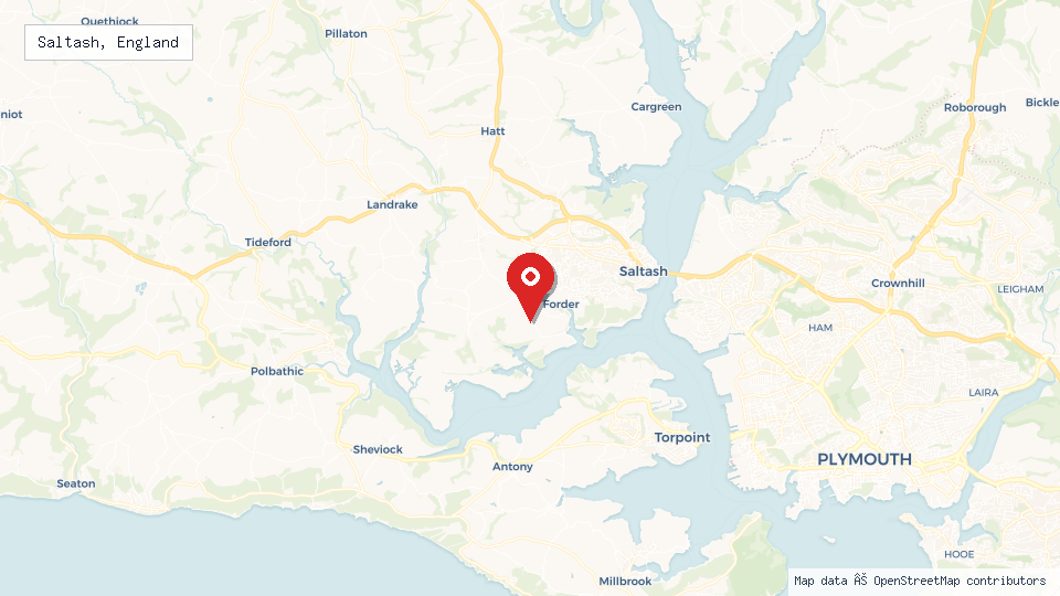 Street map of Saltash, England with location pin