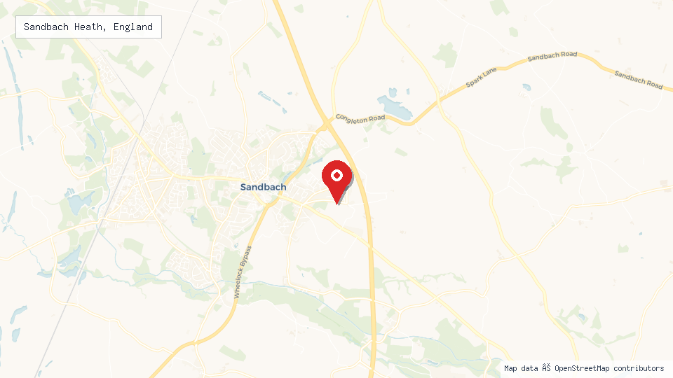 Street map of Sandbach Heath, England with location pin