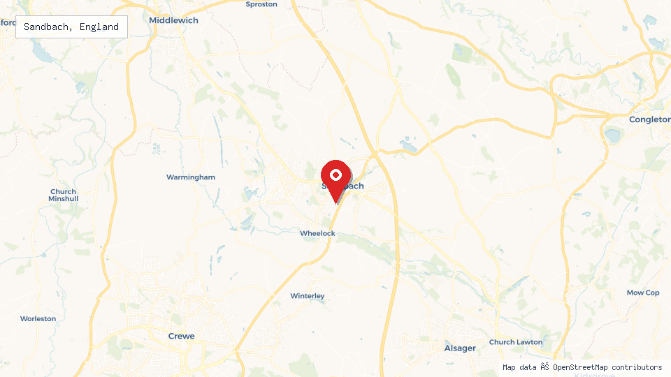Street map of Sandbach, England with location pin
