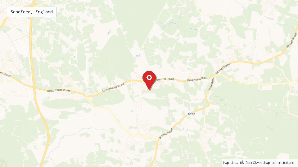 Street map of Sandford, England with location pin