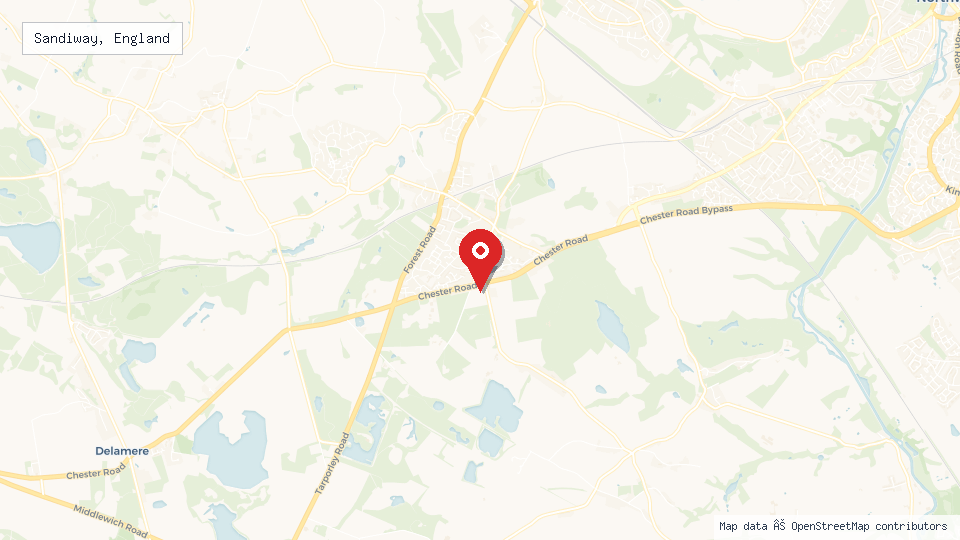 Street map of Sandiway, England with location pin