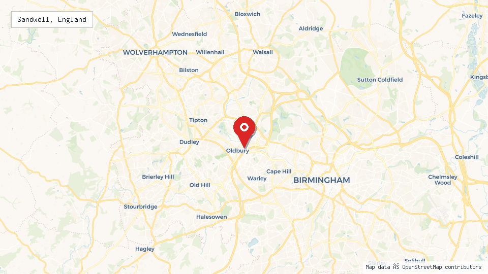 Street map of Sandwell, England with location pin