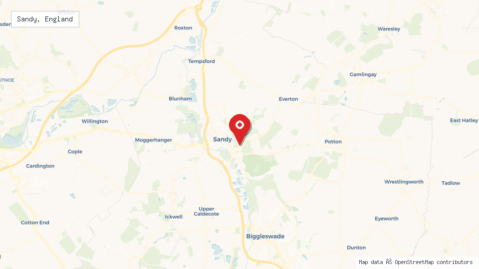 Street map of Sandy, England with location pin