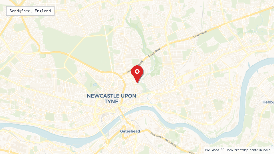 Street map of Sandyford, England with location pin