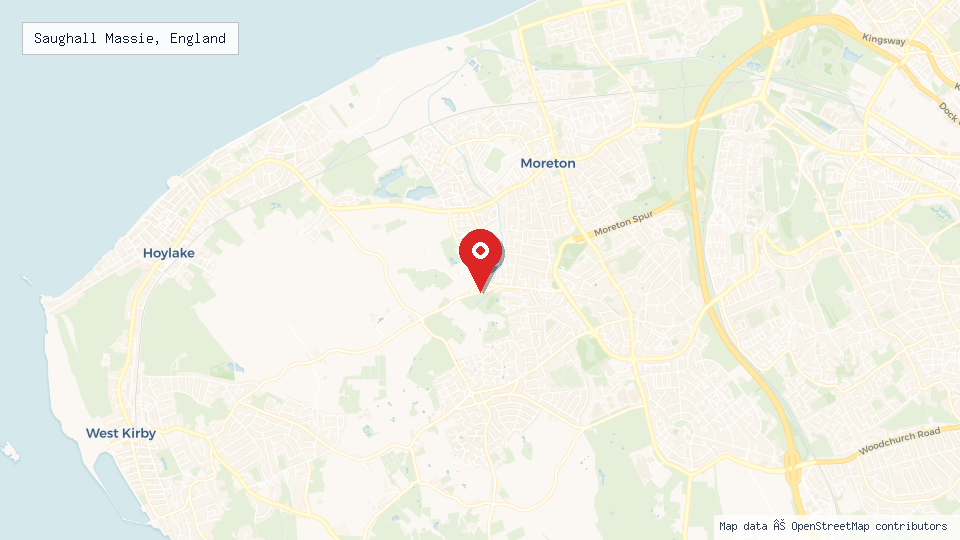 Street map of Saughall Massie, England with location pin