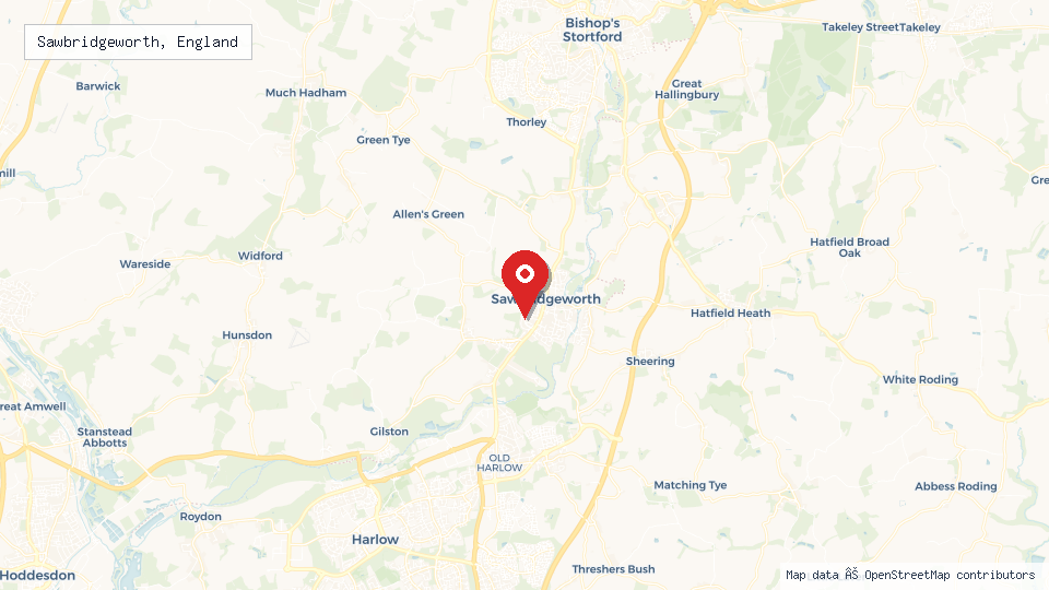Street map of Sawbridgeworth, England with location pin