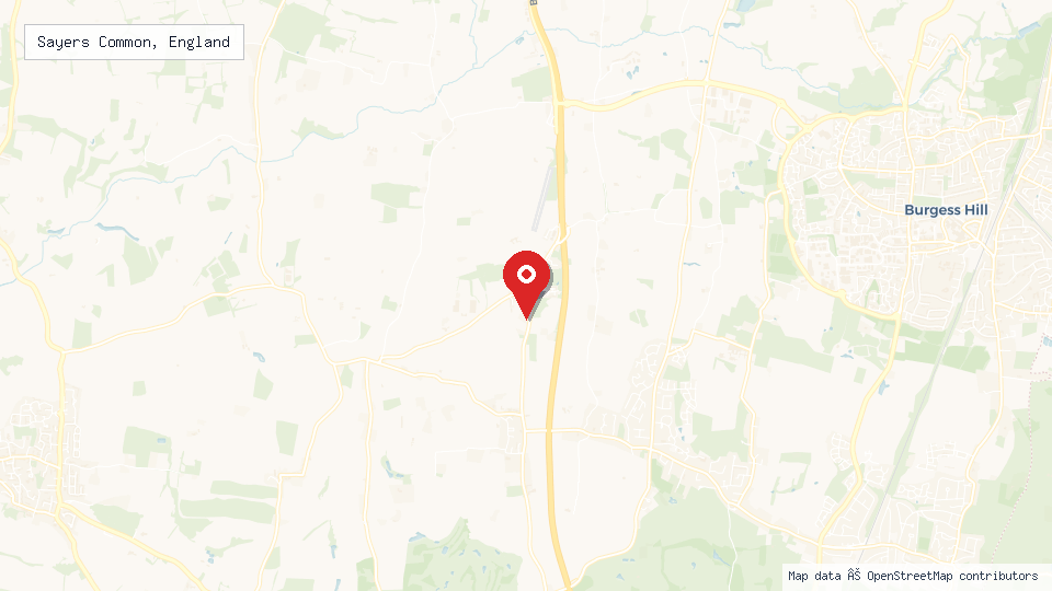 Street map of Sayers Common, England with location pin