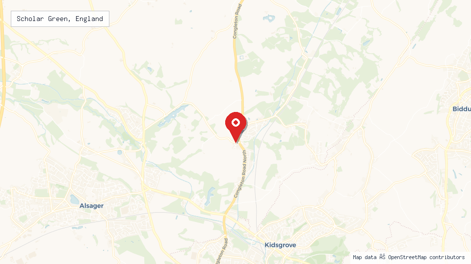 Street map of Scholar Green, England with location pin