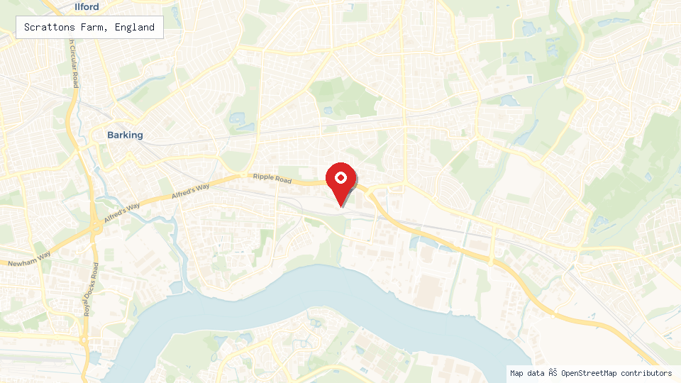 Street map of Scrattons Farm, England with location pin