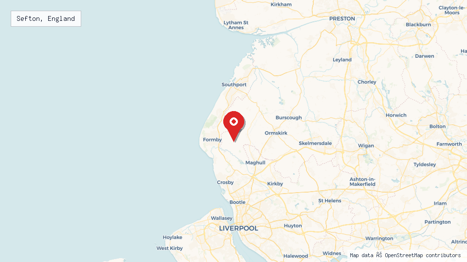Street map of Sefton, England with location pin
