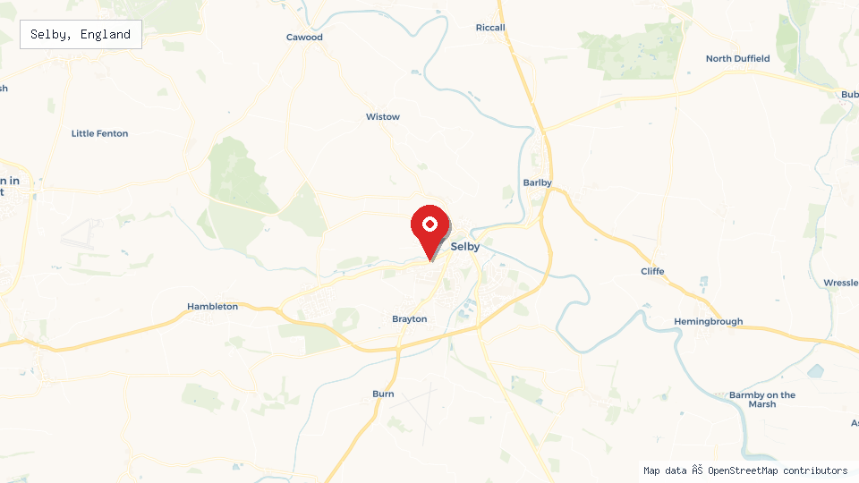 Street map of Selby, England with location pin