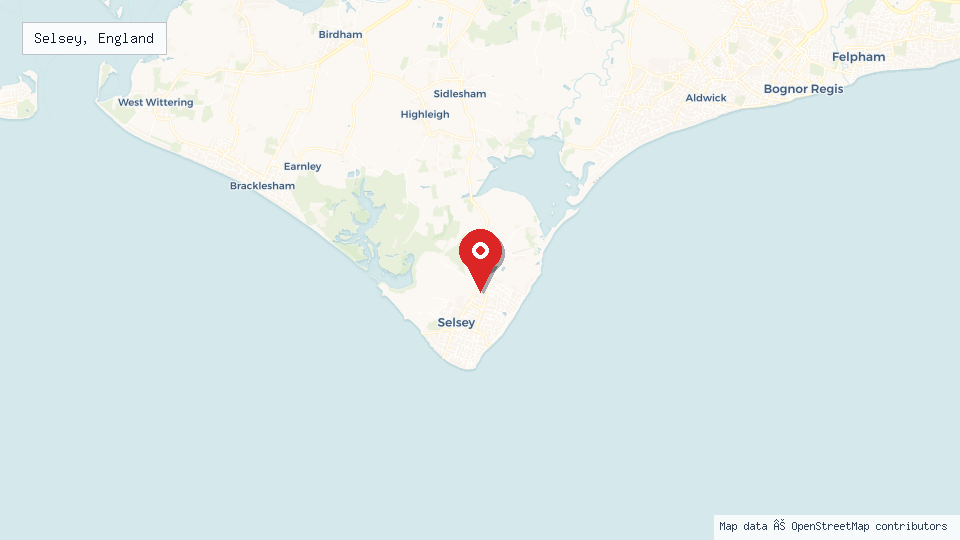 Street map of Selsey, England with location pin