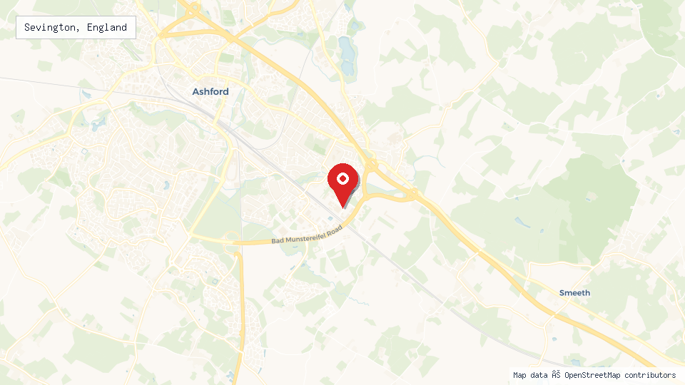 Street map of Sevington, England with location pin