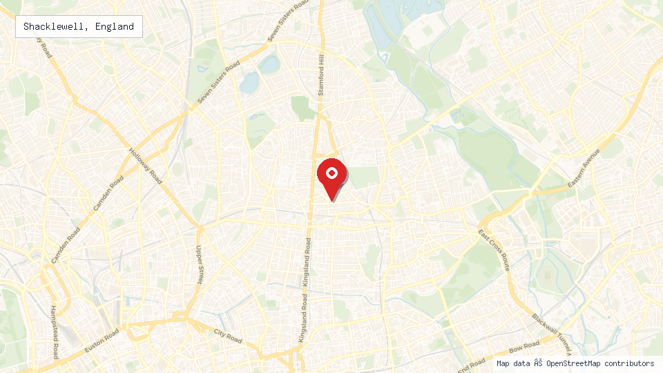 Street map of Shacklewell, England with location pin