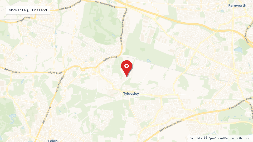 Street map of Shakerley, England with location pin