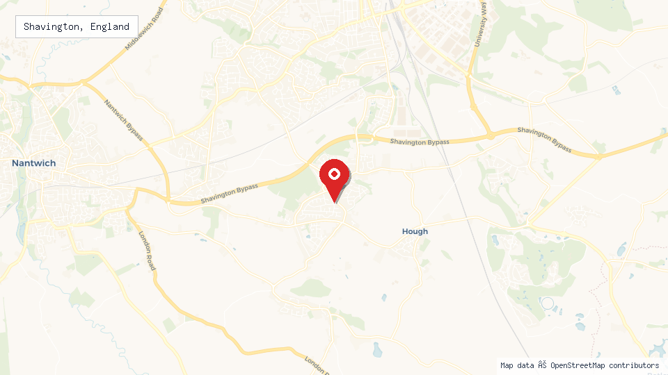 Street map of Shavington, England with location pin