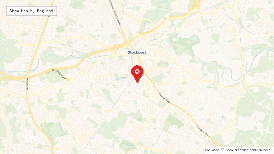 Street map of Shaw Heath, England with location pin
