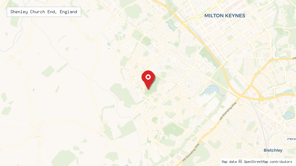 Street map of Shenley Church End, England with location pin