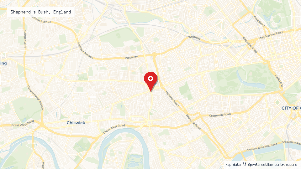 Street map of Shepherd's Bush, England with location pin