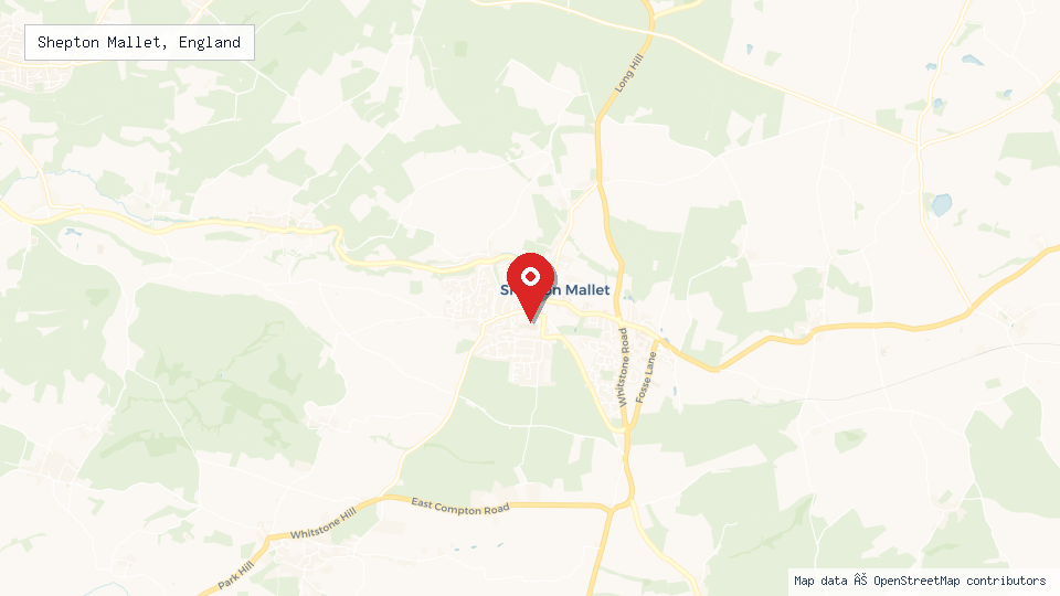 Street map of Shepton Mallet, England with location pin