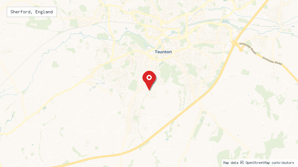 Street map of Sherford, England with location pin