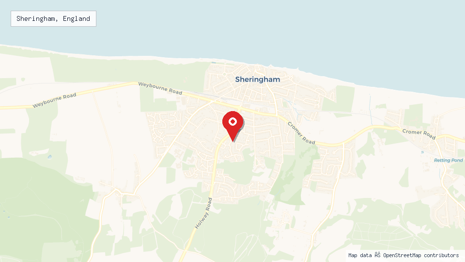 Street map of Sheringham, England with location pin
