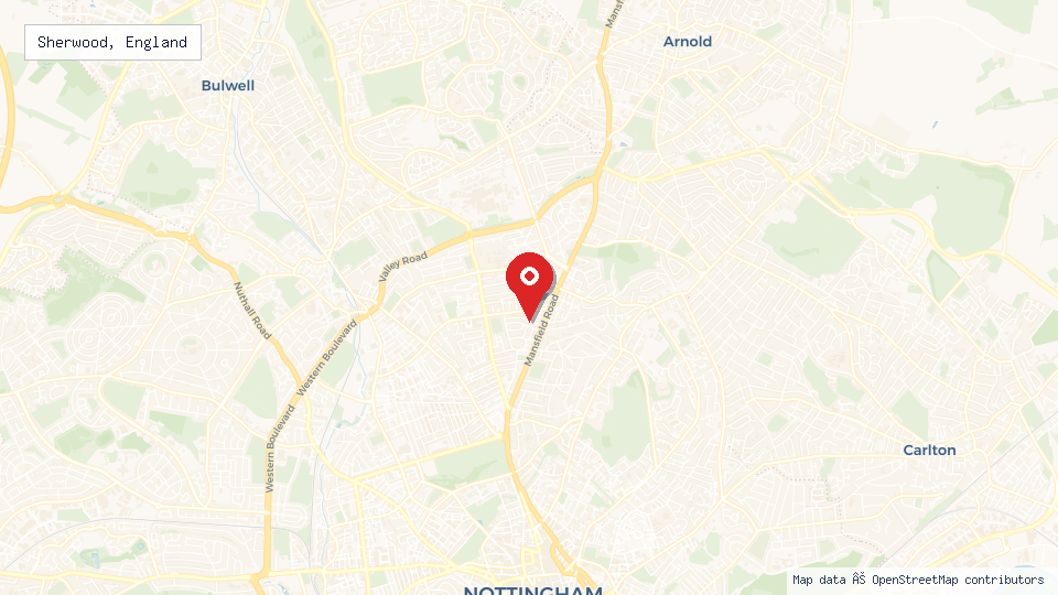 Street map of Sherwood, England with location pin