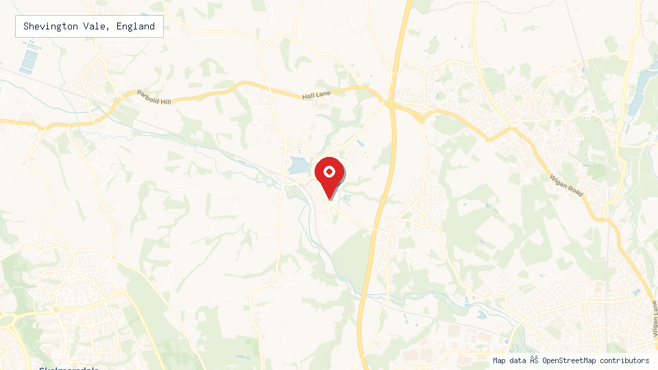 Street map of Shevington Vale, England with location pin