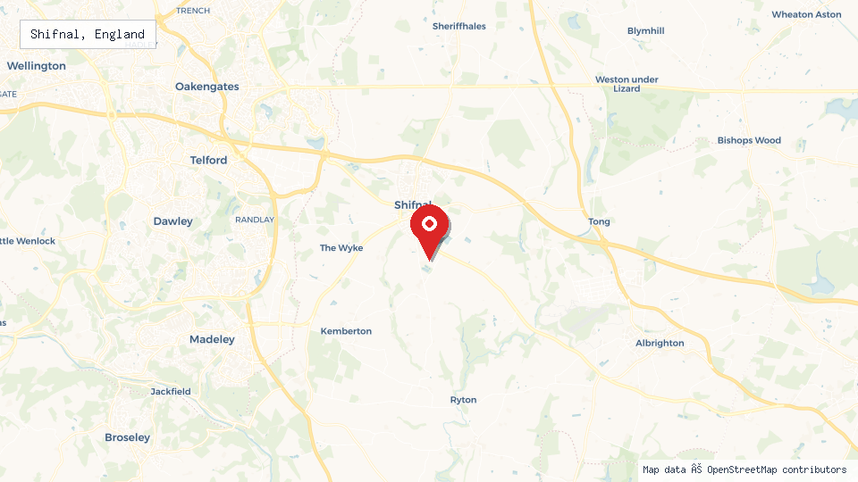 Street map of Shifnal, England with location pin