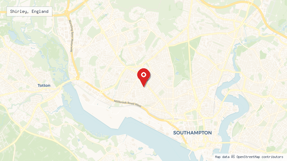 Street map of Shirley, England with location pin