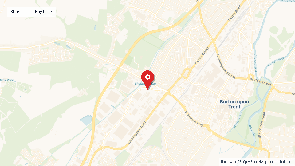 Street map of Shobnall, England with location pin