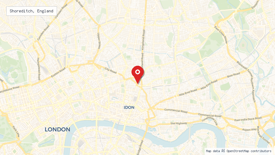 Street map of Shoreditch, England with location pin