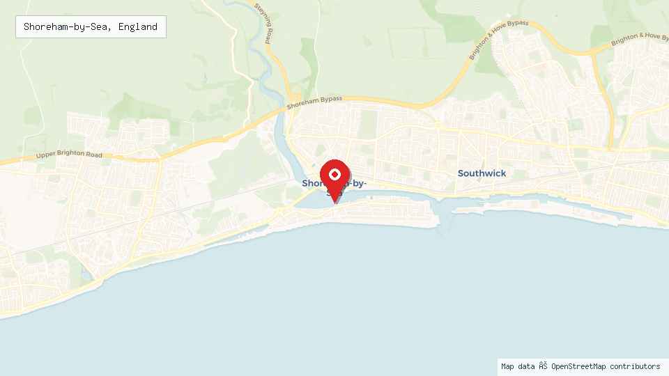 Street map of Shoreham-by-Sea, England with location pin