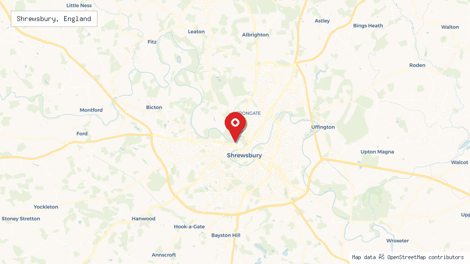 Street map of Shrewsbury, England with location pin