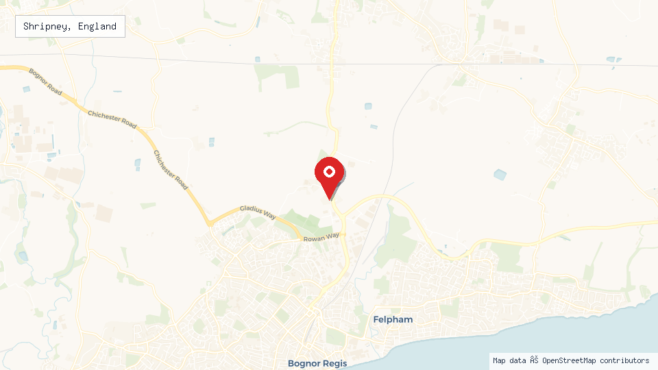 Street map of Shripney, England with location pin