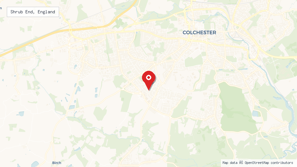 Street map of Shrub End, England with location pin