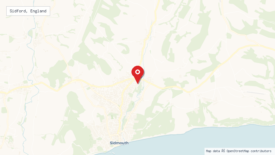 Street map of Sidford, England with location pin