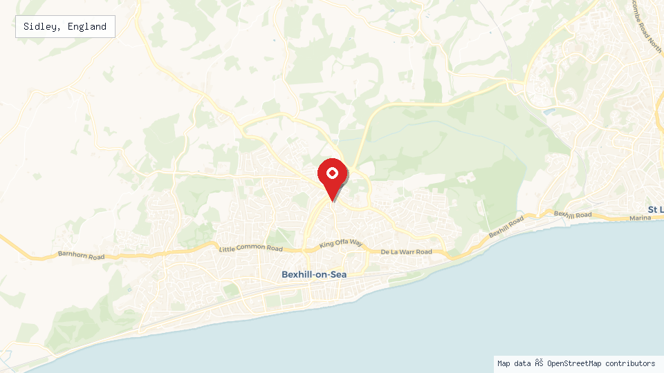 Street map of Sidley, England with location pin