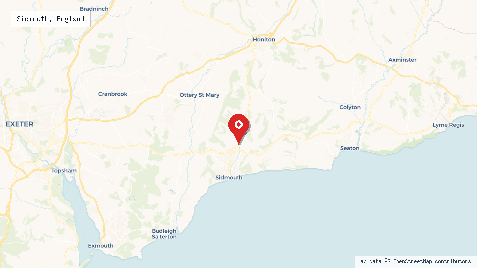 Street map of Sidmouth, England with location pin