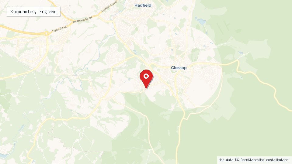 Street map of Simmondley, England with location pin