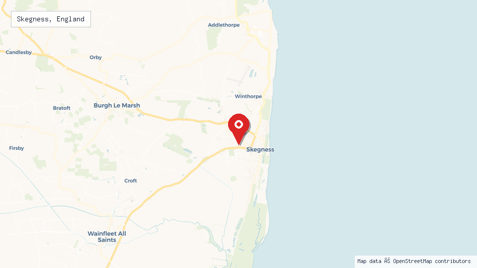Street map of Skegness, England with location pin