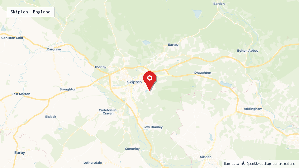 Street map of Skipton, England with location pin