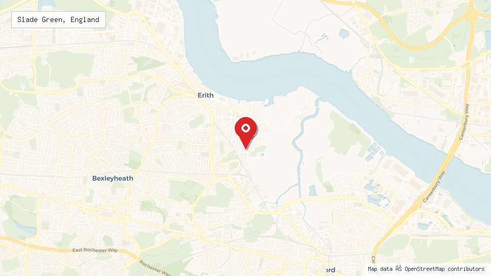 Street map of Slade Green, England with location pin