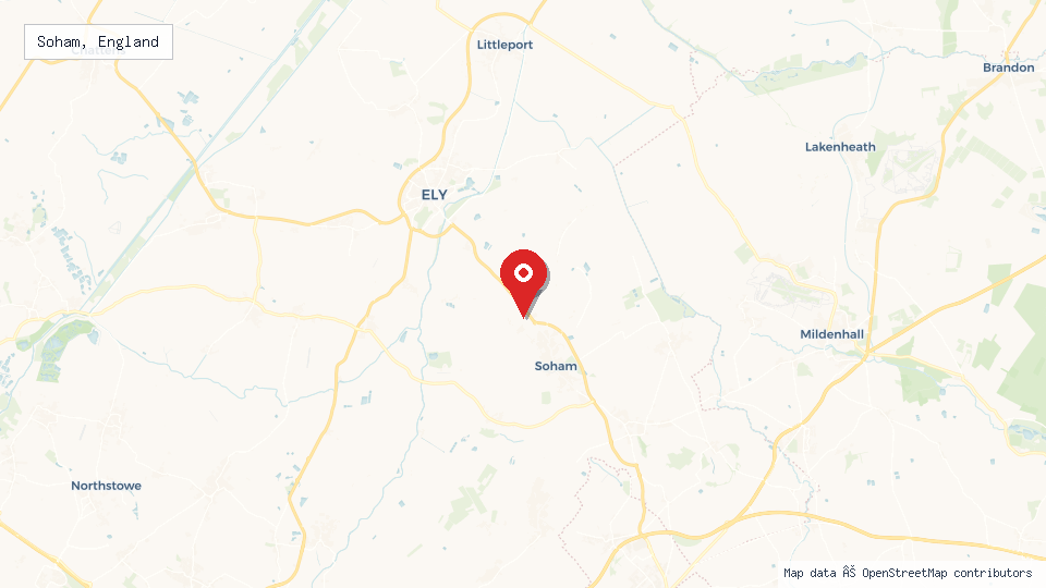Street map of Soham, England with location pin