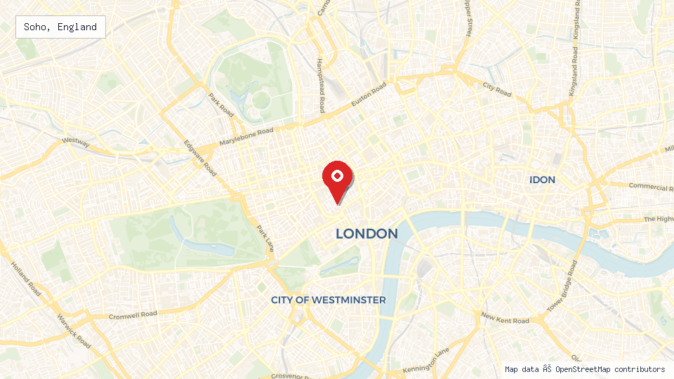 Street map of Soho, England with location pin
