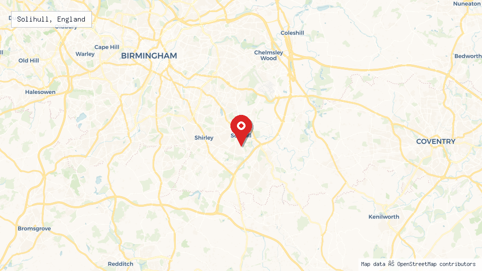 Street map of Solihull, England with location pin