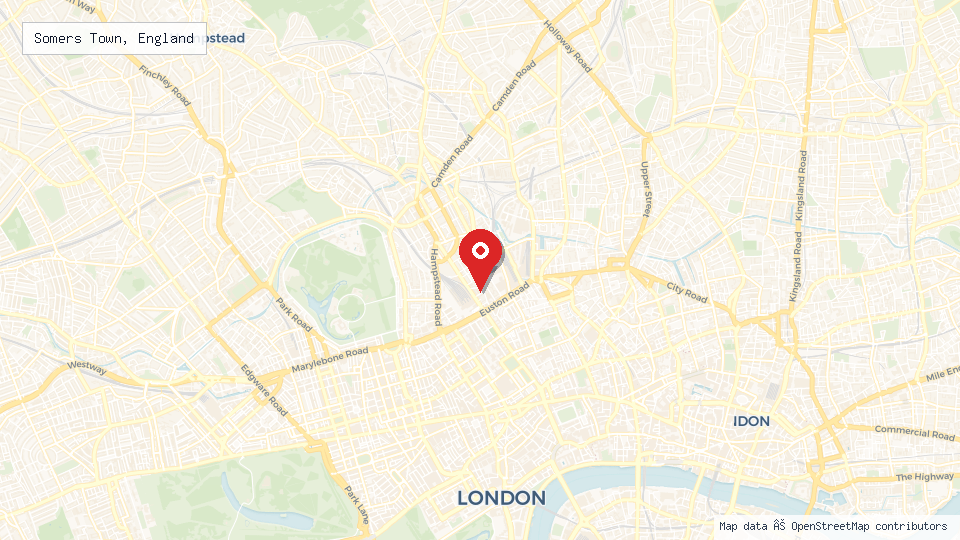 Street map of Somers Town, England with location pin