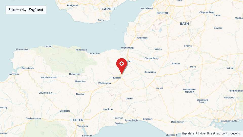 Street map of Somerset, England with location pin